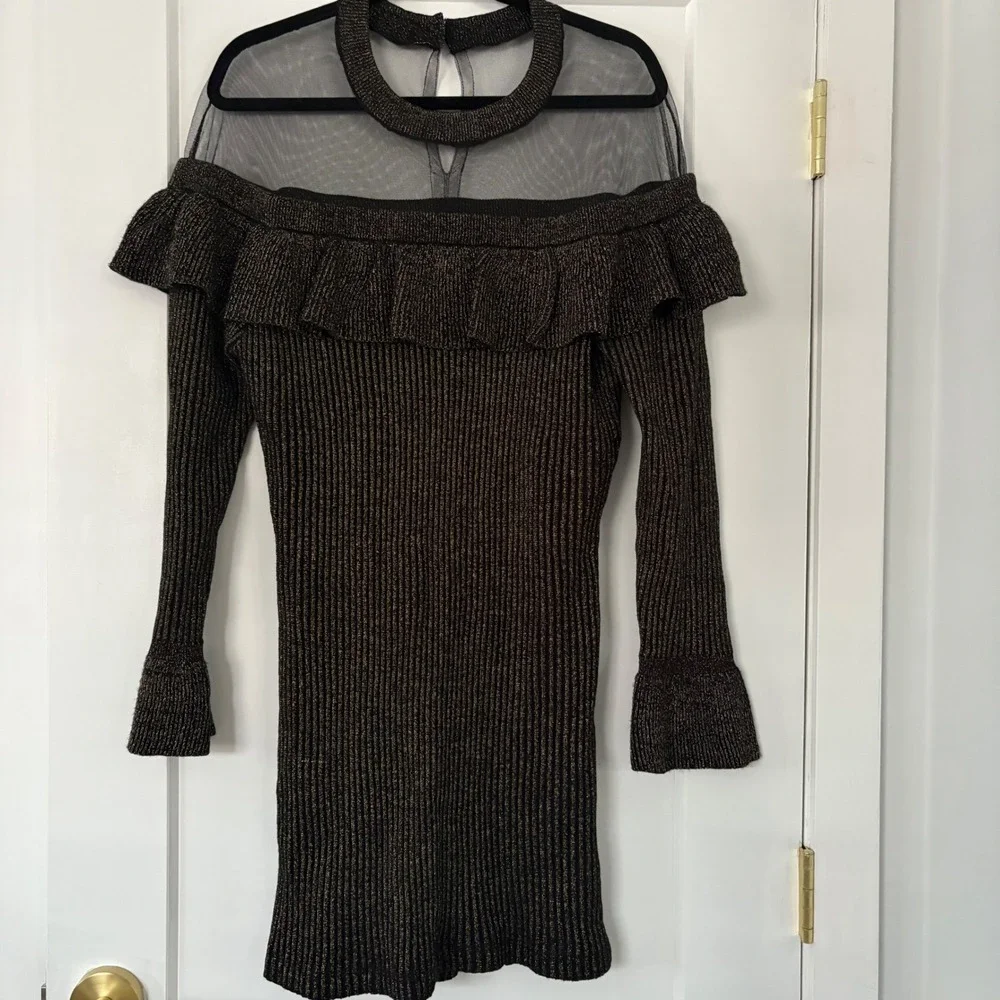 Venus Metallic Gold Ribbed Knit Ruffle Mesh Dress XL Bell Sleeve Mock Neck Party